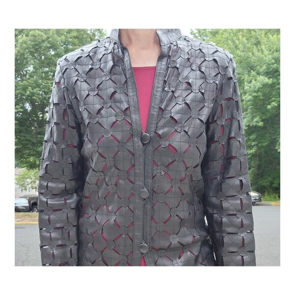 BARCELINO Vintage Genuine Lamb Cut Out Black Jacket Trench Coat - Picture 6 of 10